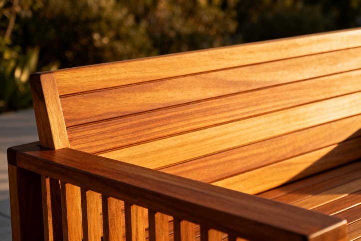 Teak-framed outdoor sofa showing tight grain and smooth finish.