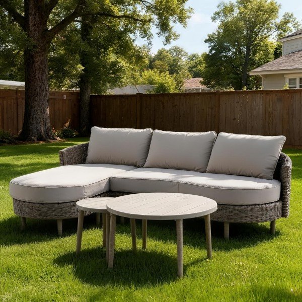 1.3-Piece Outdoor Curved Wicker Chaise Sofa Set with Nesting Round Tables