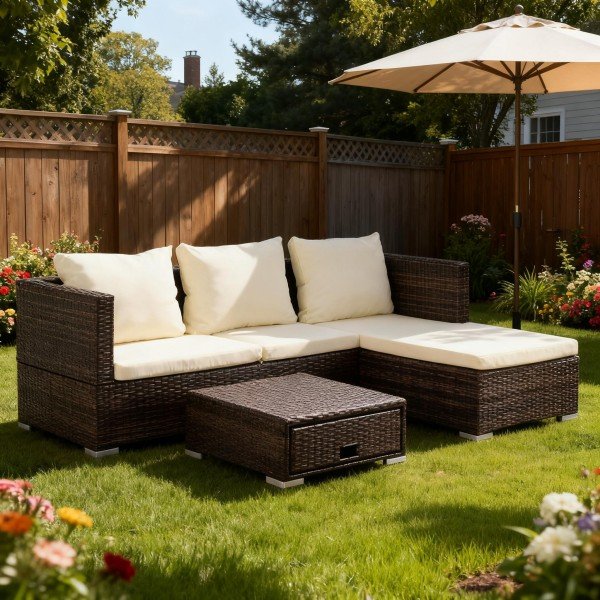 1.4-Piece Outdoor Wicker Conversation Sofa Set including 3-Seater, Armchairs and Glass Coffee Table