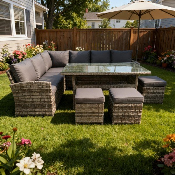 1.7-Piece Outdoor L-Shape Sectional Wicker Dining Sofa Set with Tempered Glass High Table