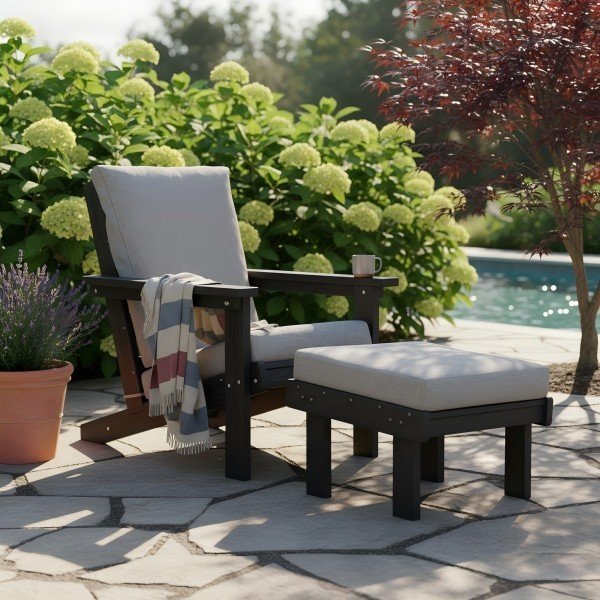 Black teak Adirondack chair with footrest and cushion by the pool in garden setting