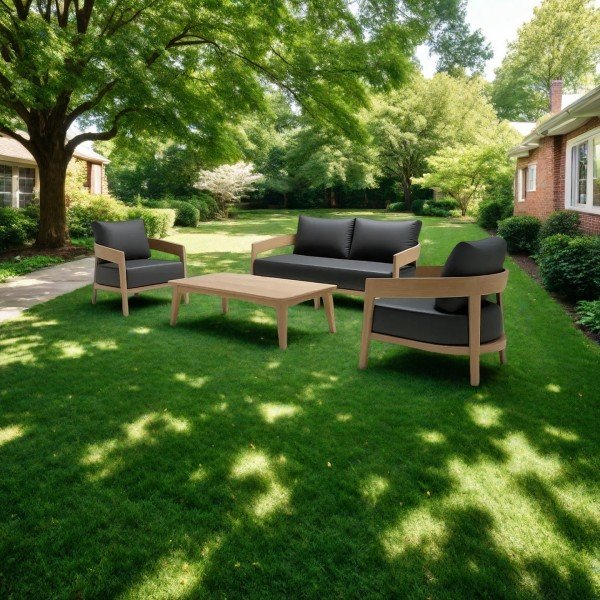 1.Contemporary Teak Wood Outdoor Sofa Set with Black Cushions
