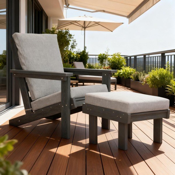 Modern outdoor teak Adirondack chair with grey cushion and footrest on balcony