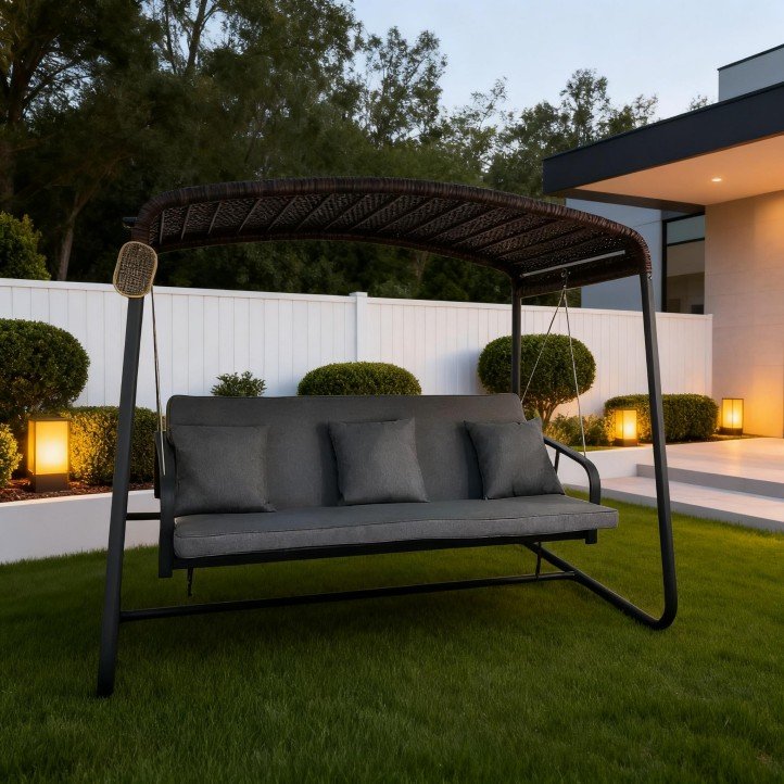 1.Modern Outdoor Swing with Sunshade and Comfortable Cushions