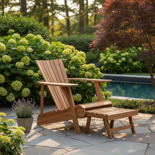 Natural plastic Adirondack chair with footrest placed in garden by the pool