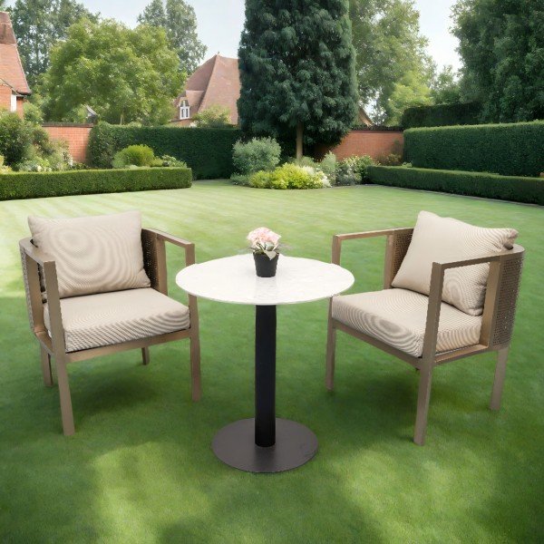 Outdoor Stainless Steel Dining Set with two beige cushioned chairs and round table in garden