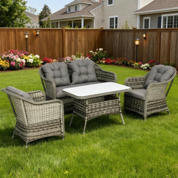 1.Outdoor Rattan Sofa Set 4-Piece with Loveseat, Two Armchairs & Coffee Table with Gray Cushions