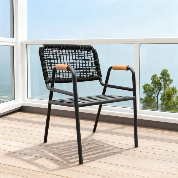 1.Outdoor Rope Chair with Wooden Armrest and Metal Frame