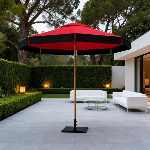 1.Patio Umbrella with Wooden Pole and Red Canopy for Outdoor