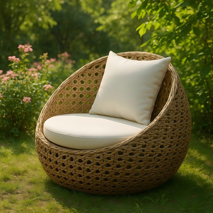 Round Rattan Woven Outdoor Lounge Chair with Cushions