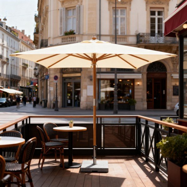 1.Square Wood Pole Patio Umbrella - Heavy-Duty Cream Canopy with Granite Stone Base