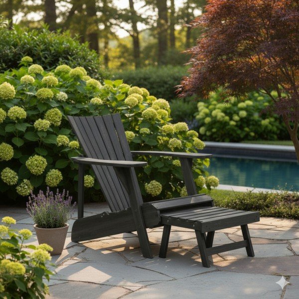 Stylish black Plastic Adirondack Chair with footrest for outdoor garden and poolside relaxation