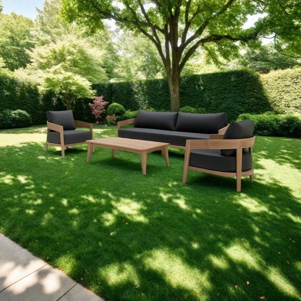 2.Contemporary Teak Wood Outdoor Sofa Set with Black Cushions