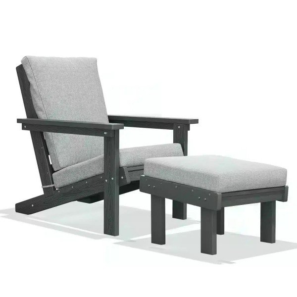 Grey teak Adirondack chair with footrest and cushion for modern outdoor seating