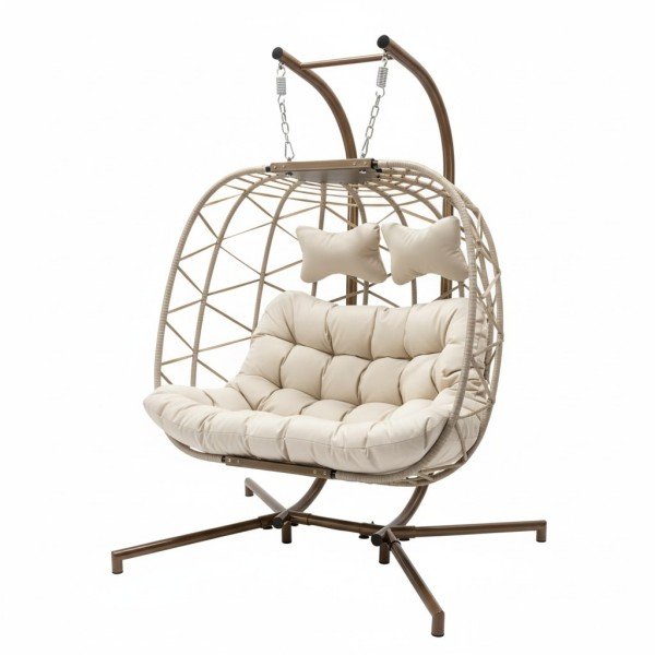 2.Happy Rattan Double Egg Chair With Beige Stand