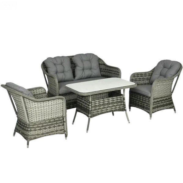 2.Outdoor Rattan Sofa Set 4-Piece with Loveseat, Two Armchairs & Coffee Table with Gray Cushions