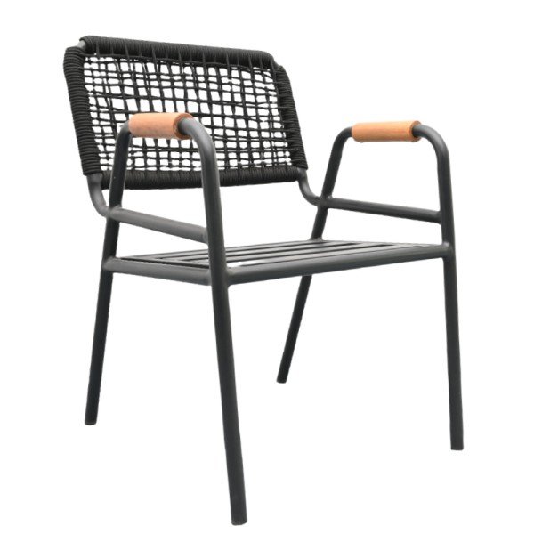 2.Outdoor Rope Chair with Wooden Armrest and Metal Frame