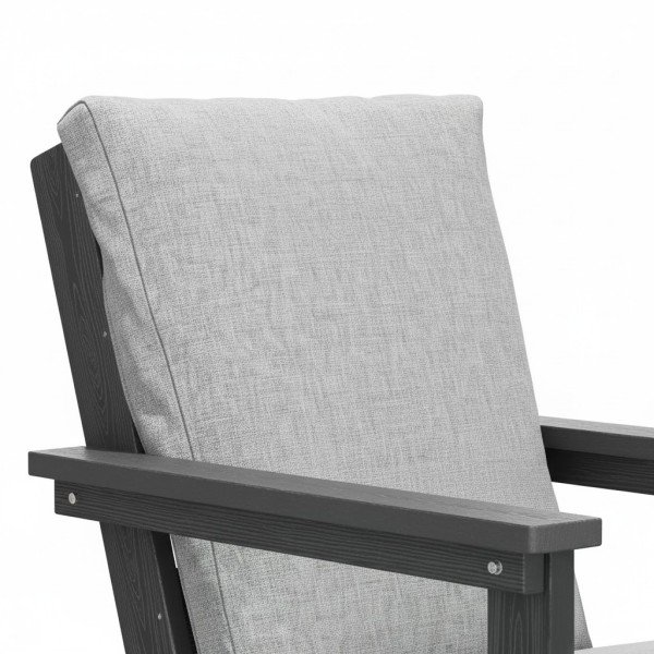 Close up of grey cushion backrest on teak Adirondack outdoor chair