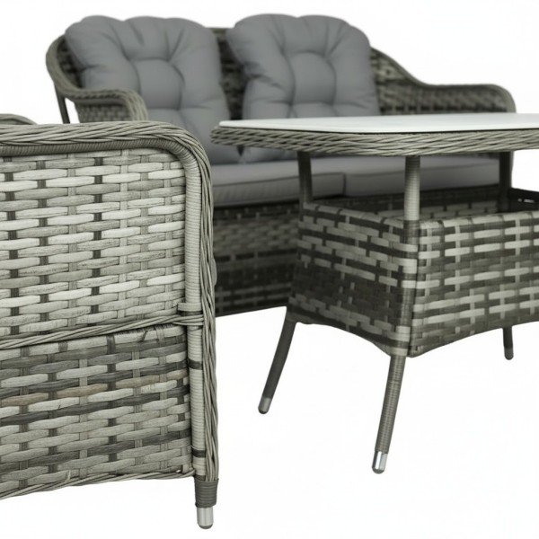 3.Outdoor Rattan Sofa Set 4-Piece with Loveseat, Two Armchairs & Coffee Table with Gray Cushions