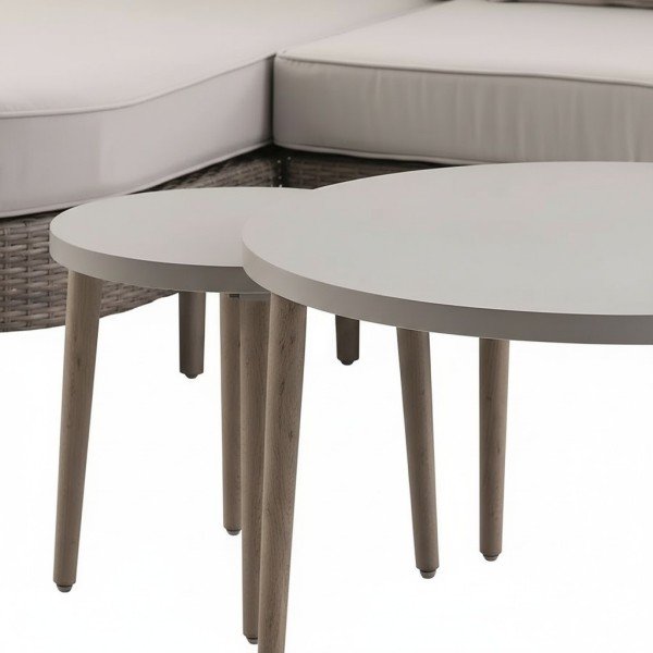 4.3-Piece Outdoor Curved Wicker Chaise Sofa Set with Nesting Round Tables