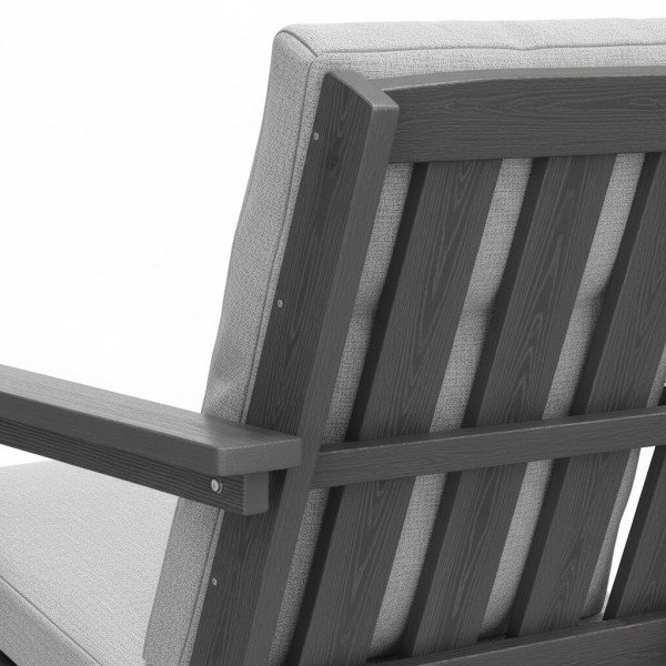 Back view of teak Adirondack chair with durable frame and grey cushion