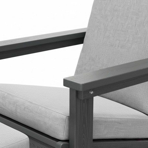 Armrest detail of modern teak Adirondack outdoor chair with grey cushion