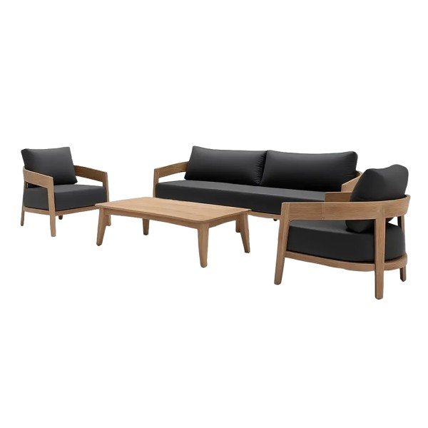 6.Contemporary Teak Wood Outdoor Sofa Set with Black Cushions