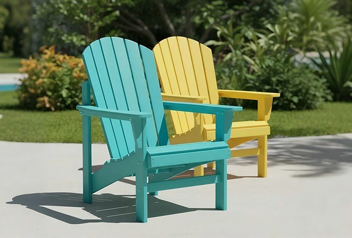 Assorted color stackable Adirondack chairs neatly stacked