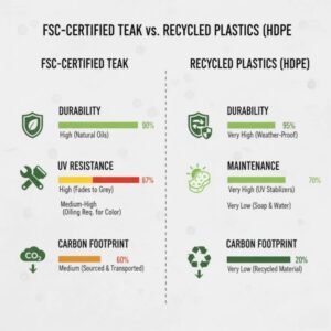 Comparison of FSC-certified teak vs recycled HDPE durability, UV resistance, maintenance requirements, lifecycle carbon footprint