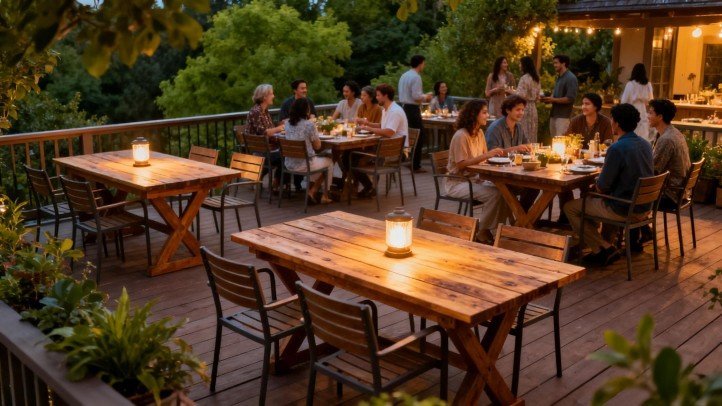 Evening outdoor gathering with patio furniture, string lights and dining area
