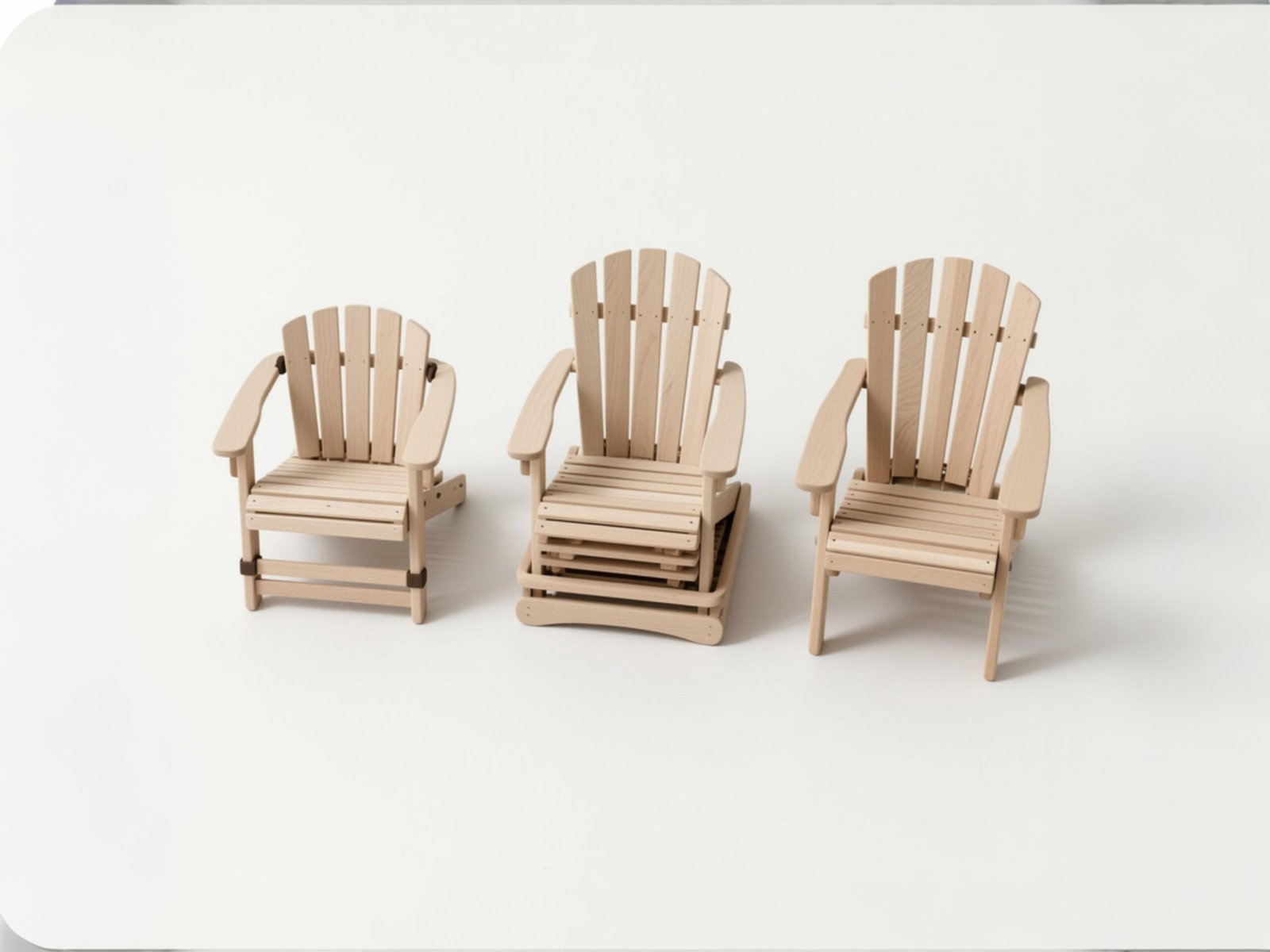 Foldable, stackable, and fixed Adirondack chairs side by side to show space usage differences