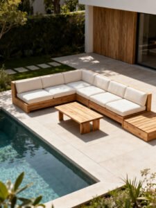 Modular outdoor sofa set by pool with light cushions and wood-accent table