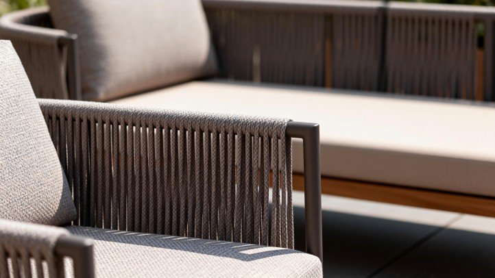 Outdoor furniture in taupe and greige tones demonstrating new neutral palette in commercial outdoor design
