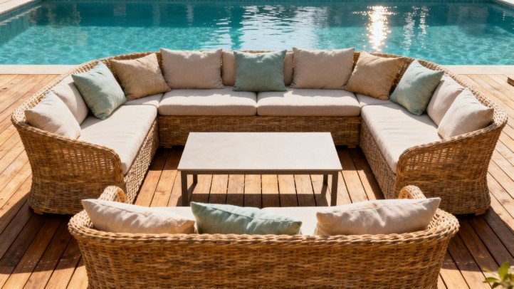 Patio party furniture featuring synthetic rattan sectional beside pool