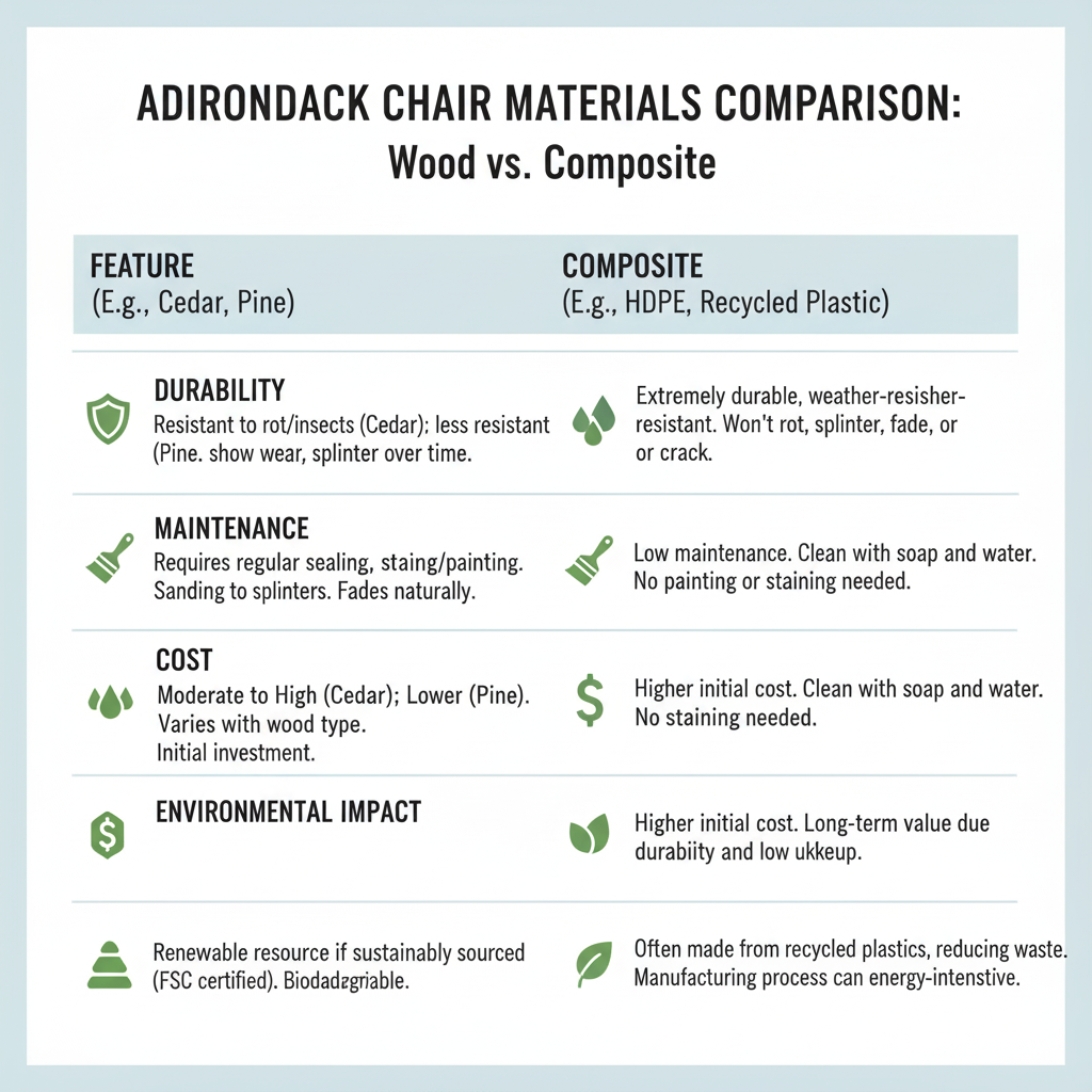 Side-by-side table comparing wood vs composite Adirondack chair materials in durability, maintenance, cost, environmental impact