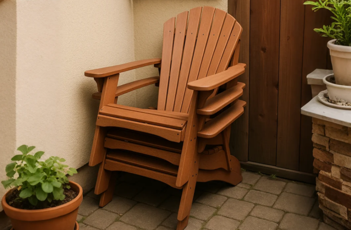 Stacked Adirondack chairs saving space on a small patio