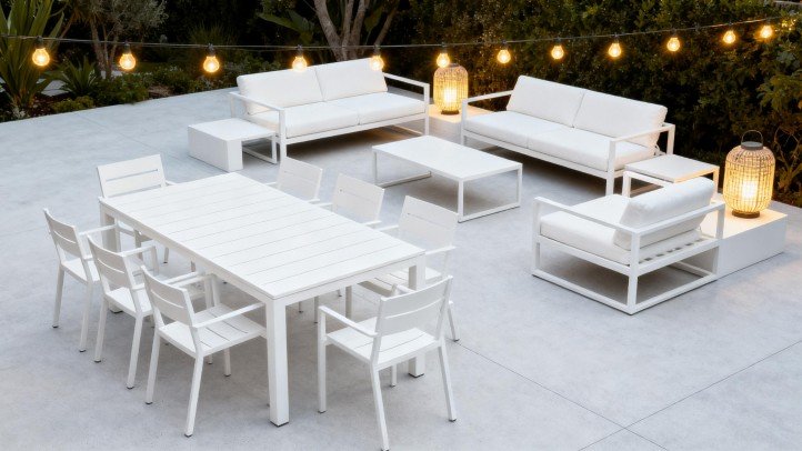 White lounge furniture set with ambient lighting for patio party