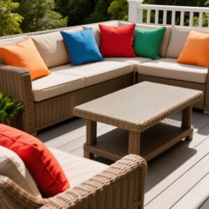 Wicker outdoor sectional sofa with accent cushion color contrast