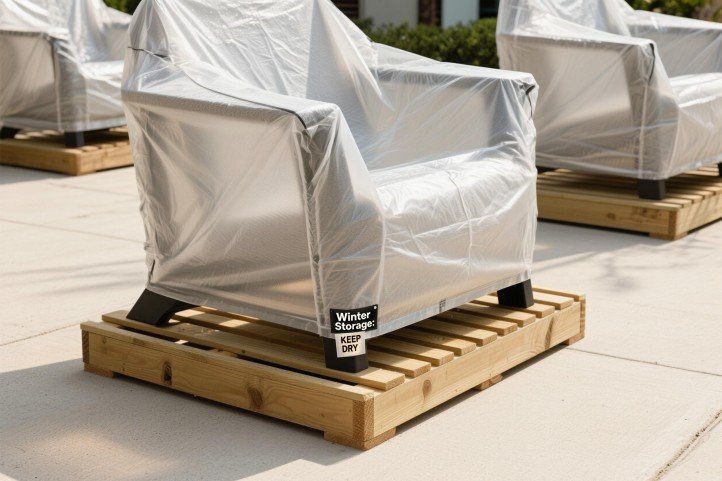 Winter storage for Adirondack chairs covered on elevated base to prevent moisture