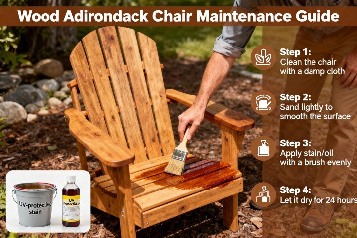 Wood Adirondack chair maintenance applying UV-protective stain or oil