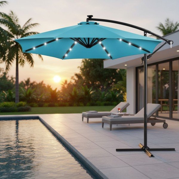 1.10 Ft Commercial Umbrella with Solar LED Lights Turquoise Offset Cantilever Umbrella and Cross Base