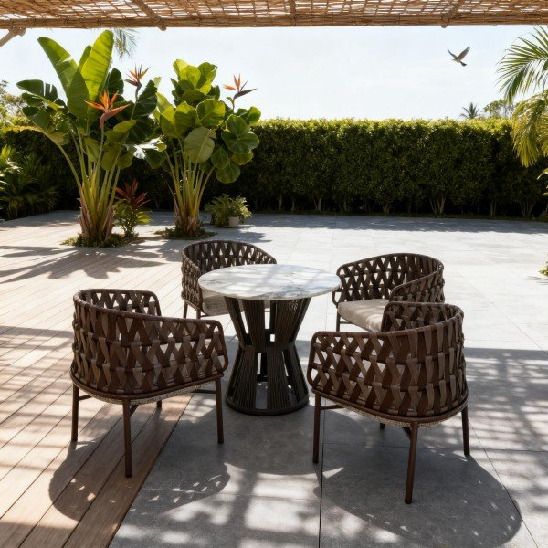 1.5-Piece Contemporary Round Patio Table and Chairs for 4 – Woven Strap Chairs with