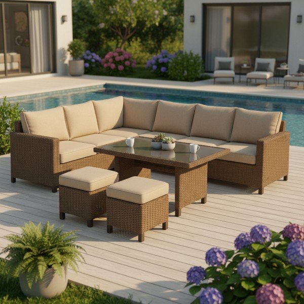 1.7-Piece Luxury Outdoor Rattan Corner Sofa Set Modular L-Shape Patio Sect