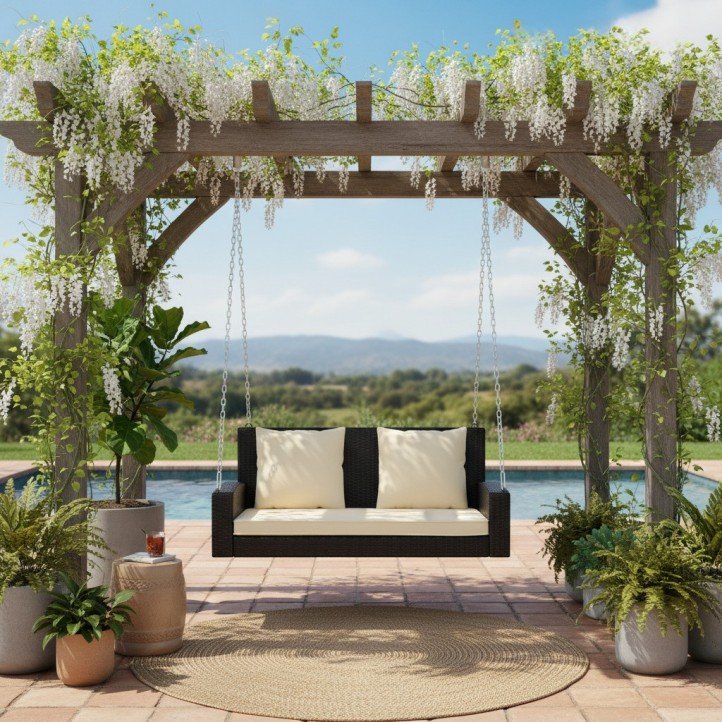 1.Black Rattan Outdoor Swing with Beige Cushions Modern 2-Seater Patio Hanging Loveseat Weatherproof Porch Bench