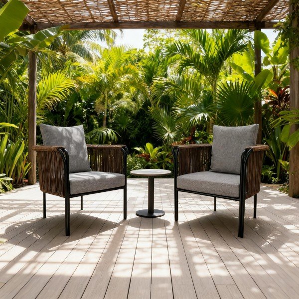 1.Contemporary Barrel Wicker Porch Chair – Deep-Seating Patio Accent Chair with Grey Cushions, Ro