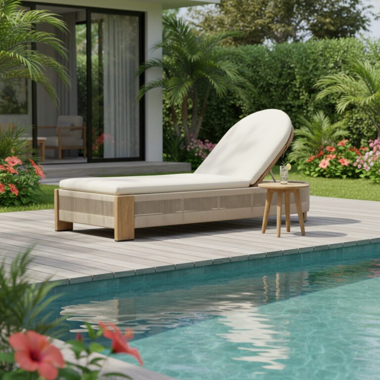 1.Luxury Teak and Rope Wooden Garden Lounger Adjustable Back Poolside Chaise Lounge with White Cushions