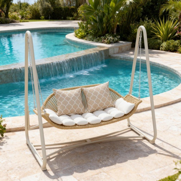 1.Modern Outdoor Hanging Daybed with Stand Freestanding Resin Rope Hammock Swing Chair Cream Cushion Loveseat