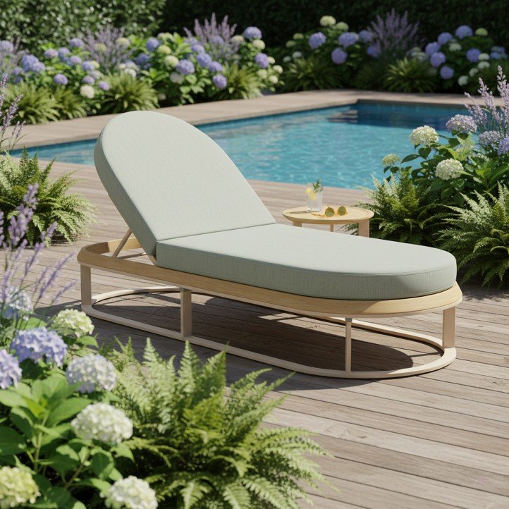 1.Modern Oval Wooden Pool Chairs Set Adjustable Back Chaise Lounge with Light Green Cushions
