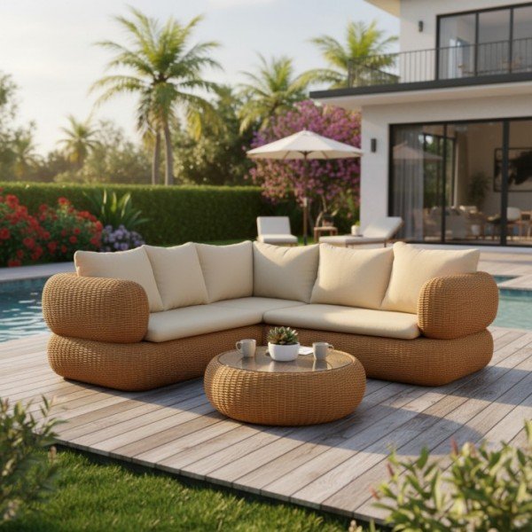 1.Modern Weatherproof Outdoor Corner Sofa Set Rounded Arm Resin Wicker Sectional with Beige Cushions