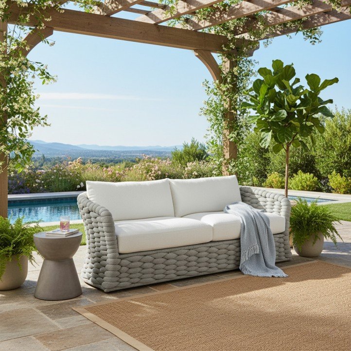 1.Luxury Outdoor Braided Rope Sofa Gray All-Weather Poly-Rope Couch with White Cushions Contemporary Deep Seating Patio Loveseat